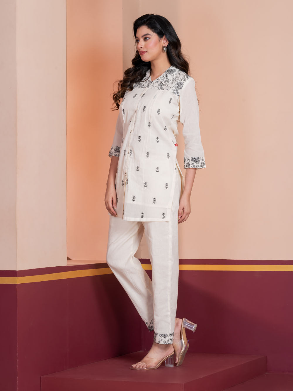 MALKORA EVERYDAY CHIC CO-ORD SET-OFFWHITE WITH BLACK EMBROIDERY