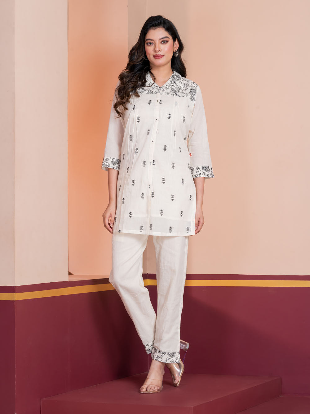 MALKORA EVERYDAY CHIC CO-ORD SET-OFFWHITE WITH BLACK EMBROIDERY