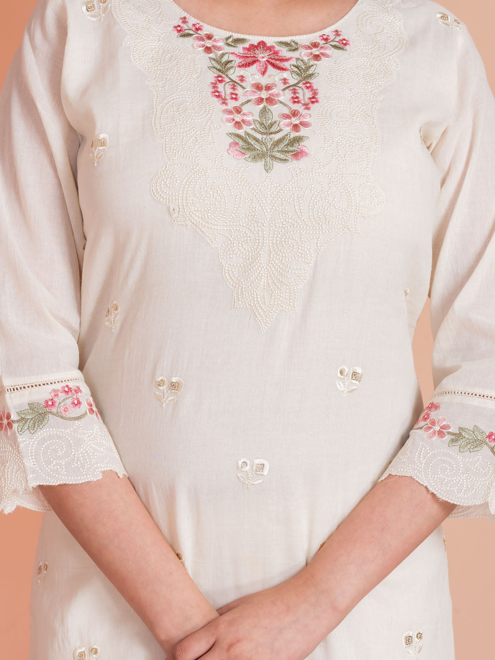 MALKORA IVORY COTTON MULMUL SUIT SET WITH PASTEL FLORAL EMBROIDERY & SCALLOP DETAILING