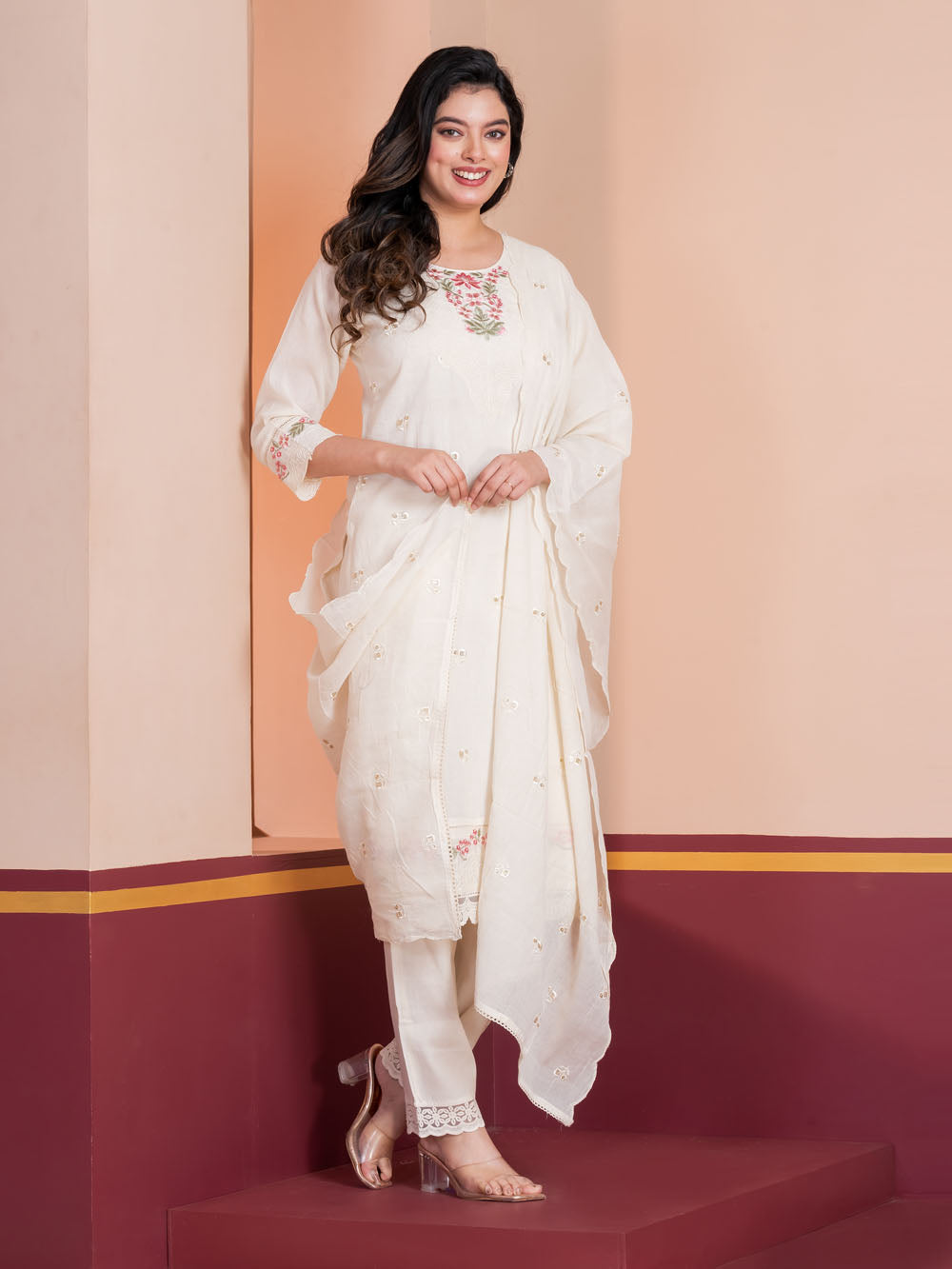 MALKORA IVORY COTTON MULMUL SUIT SET WITH PASTEL FLORAL EMBROIDERY & SCALLOP DETAILING