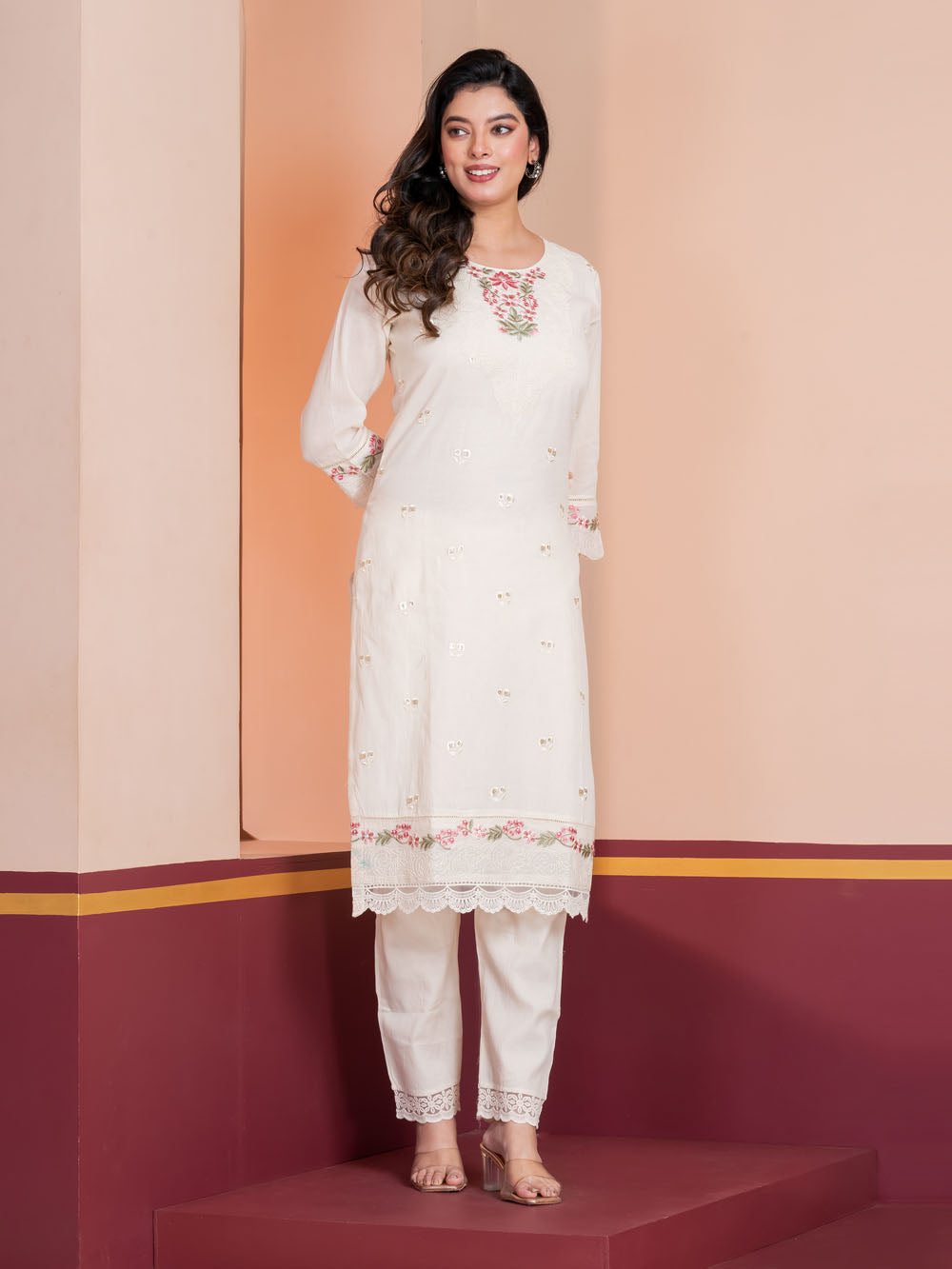 MALKORA IVORY COTTON MULMUL SUIT SET WITH PASTEL FLORAL EMBROIDERY & SCALLOP DETAILING