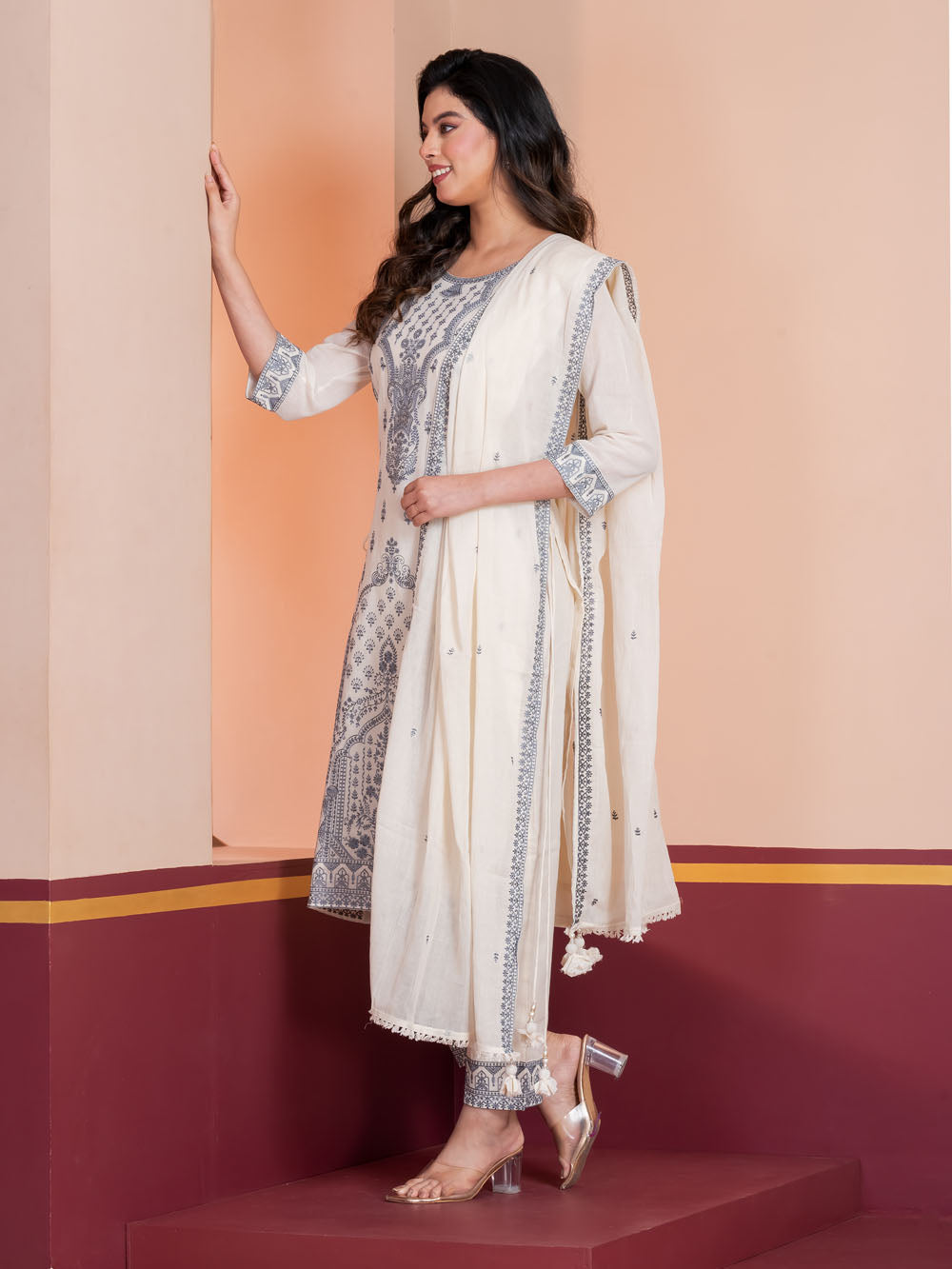 MALKORA GREY NOOR COTTON EMBROIDERED SUIT