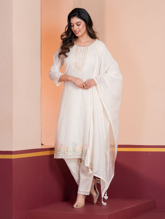 MALKORA IVORY ROSETTE EMBROIDERED SUIT SET